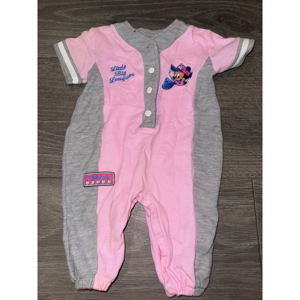 Vintage disney y2k Babies Minnie Mouse Baseball Romper Pink Grey 6-9M